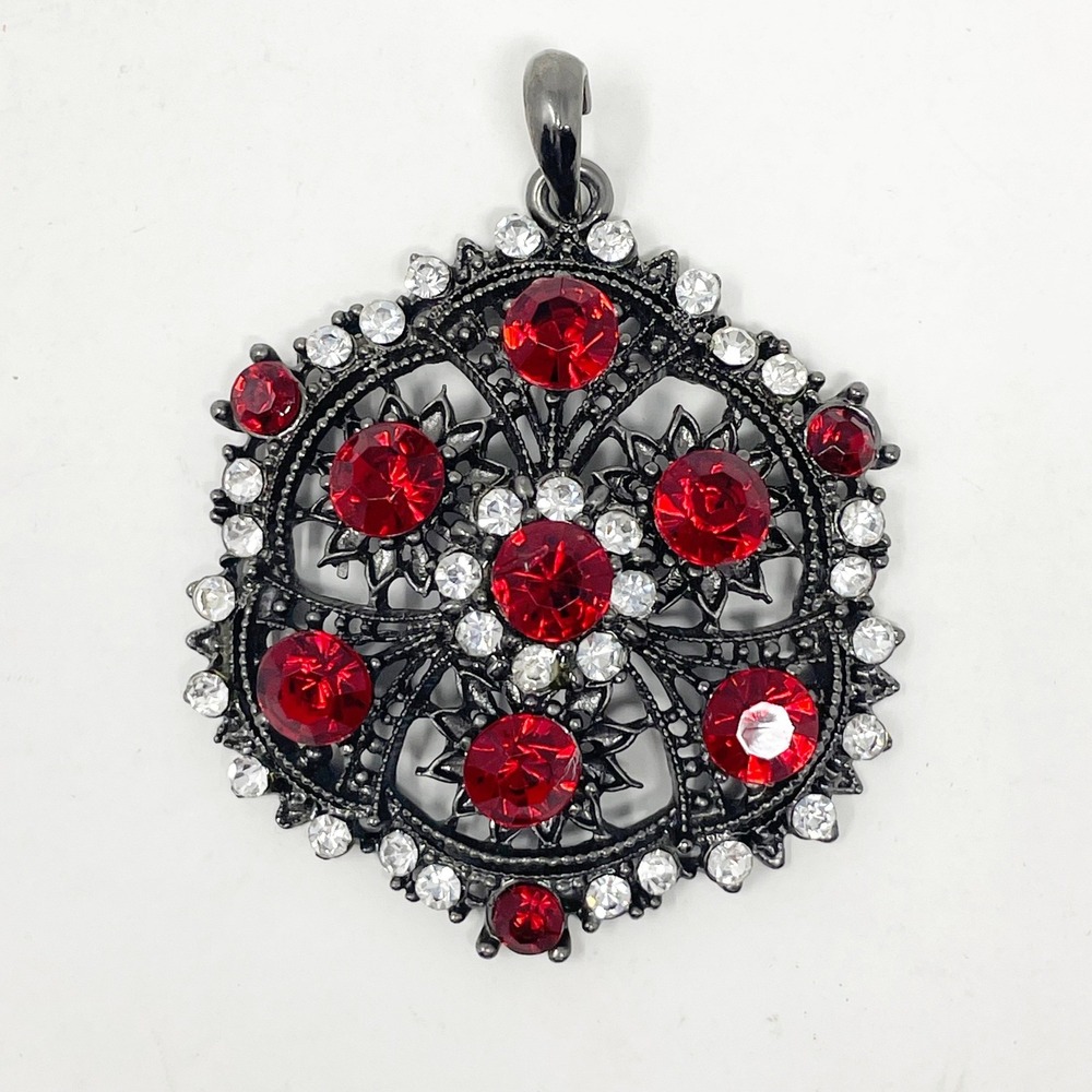 Gunmetal Filigree Pendant Red Clear Rhinestones Gothic Mandala Witchy Dark Fairy